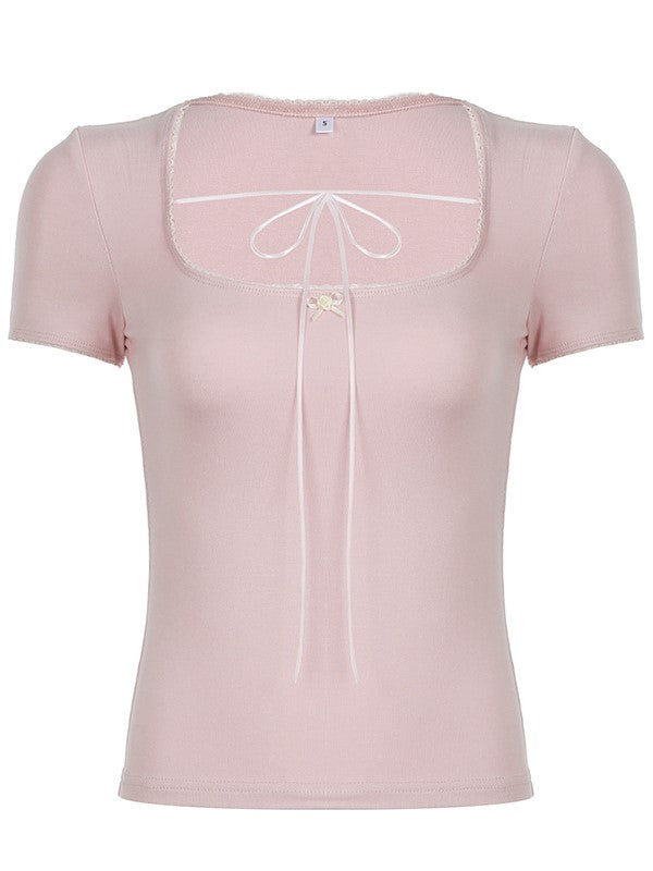 SQUARE-NECK TIE-FRONT TOP WITH SWEET BOW TIE DETAIL