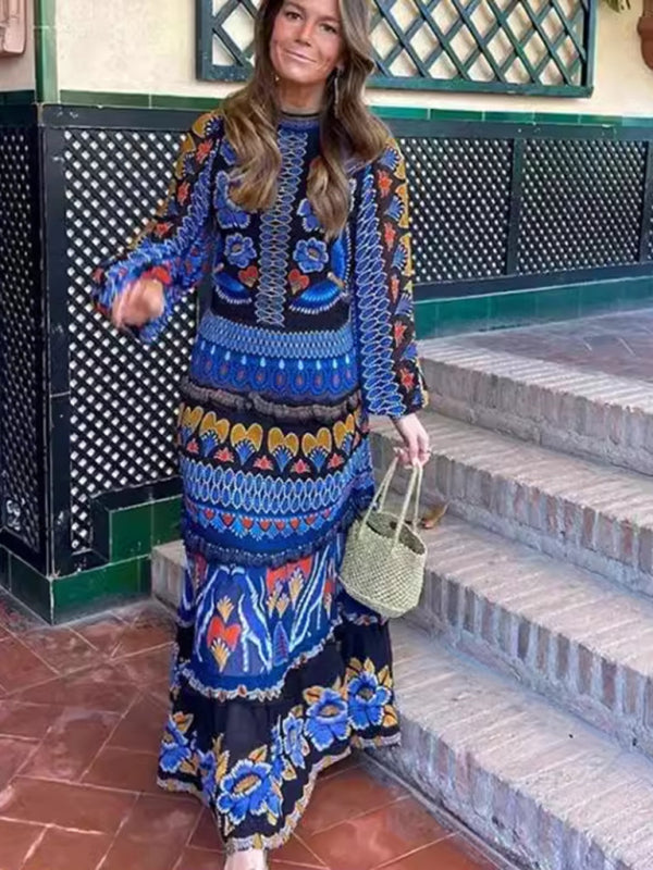 Stand collar printed long sleeve dress - Blue / S