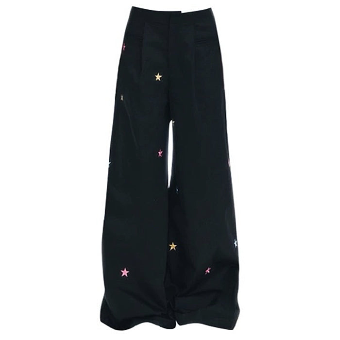 STAR EMBROIDERED BLACK BAGGY PANTS