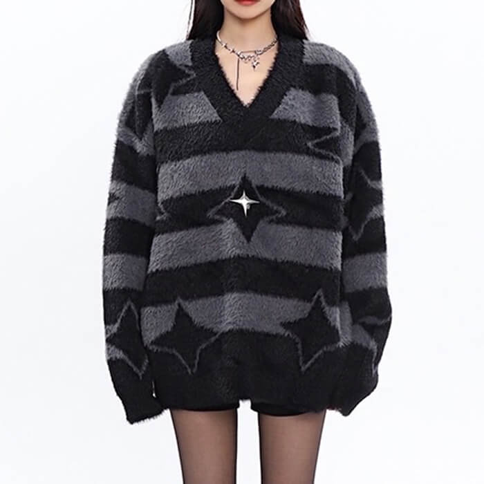 STAR GIRL FUZZY STRIPED SWEATER