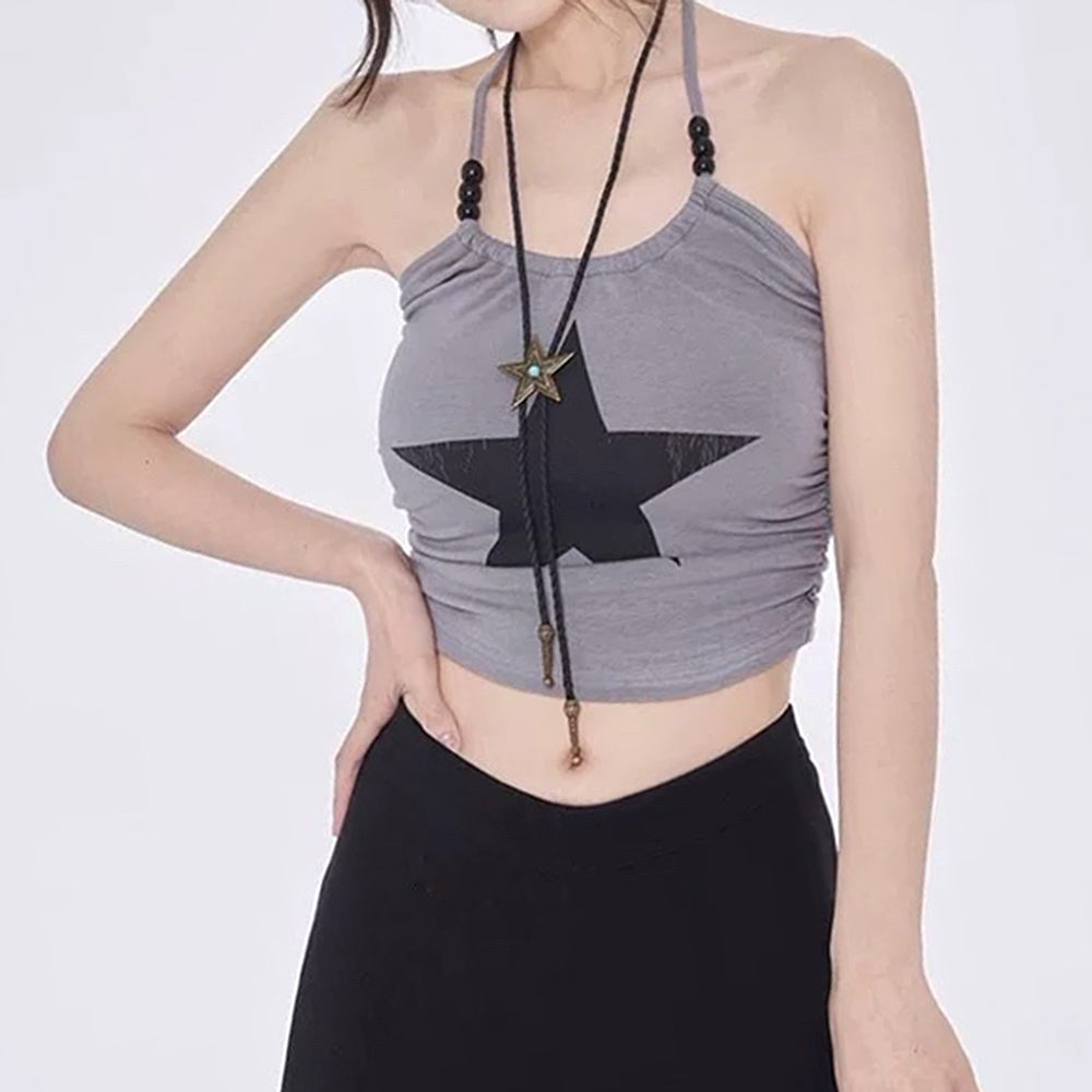 STAR PRINT HALTER CROP TOP GRAY ADJUSTABLE TIE STRAPS