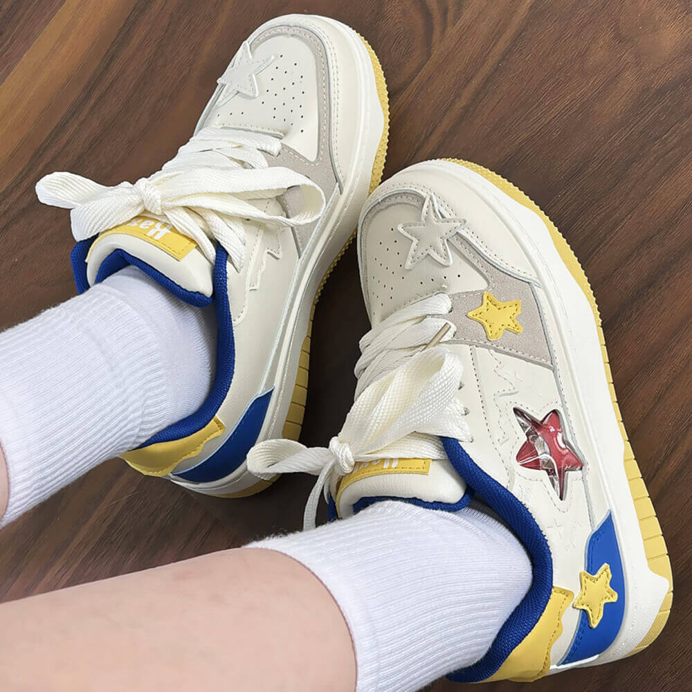 STAR SNEAKERS: BLUE AND YELLOW VEGAN LEATHER JELLY STAR