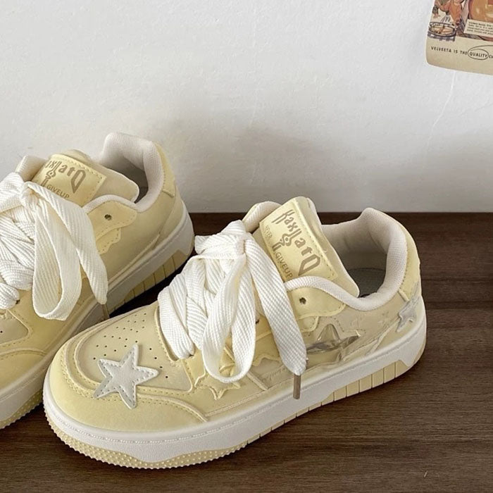 STARRY VEGAN LEATHER SNEAKERS PASTEL YELLOW STAR AESTHETIC
