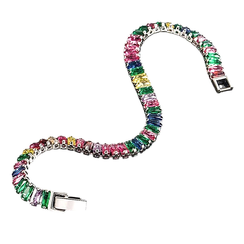 STERLING SILVER TENNIS BRACELET WITH COLORFUL RECTANGULAR STONES