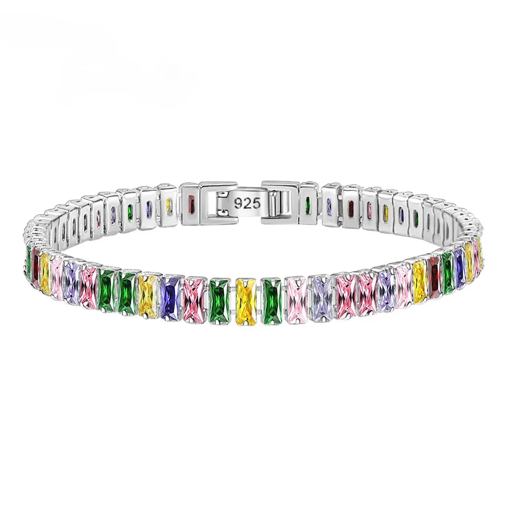 STERLING SILVER TENNIS BRACELET WITH COLORFUL RECTANGULAR STONES