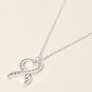 Stone Paved Heart Pink Ribbon Pendant Necklace