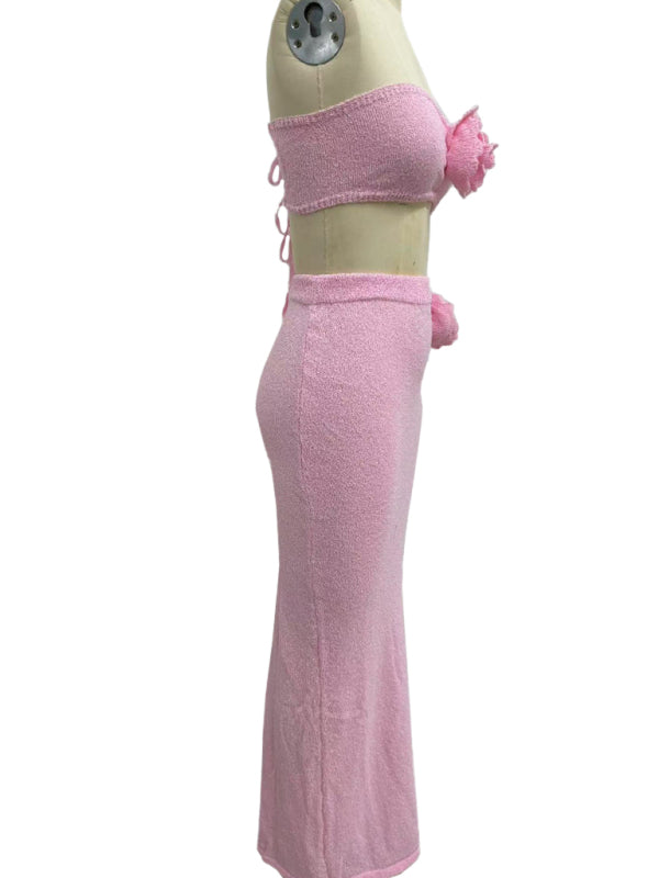 Strapless knitted hollow flower high waist skirt set