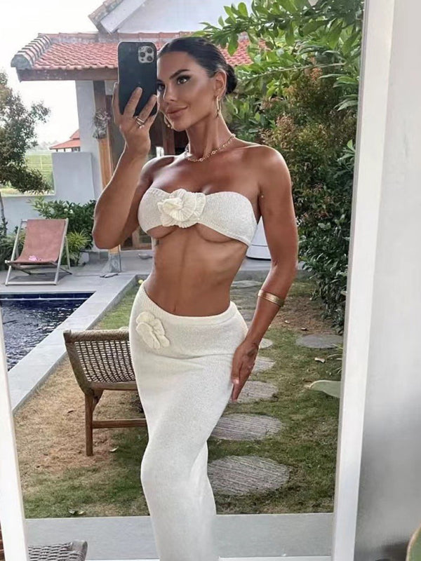 Strapless knitted hollow flower high waist skirt set