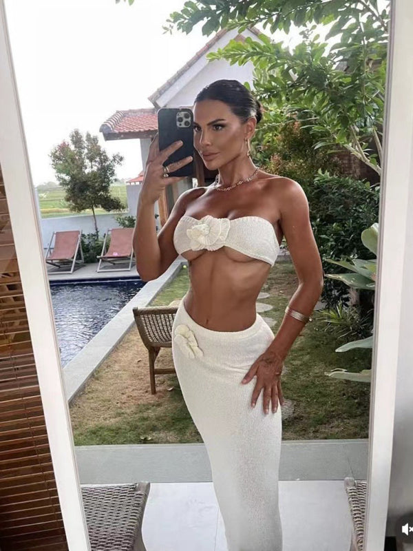 Strapless knitted hollow flower high waist skirt set