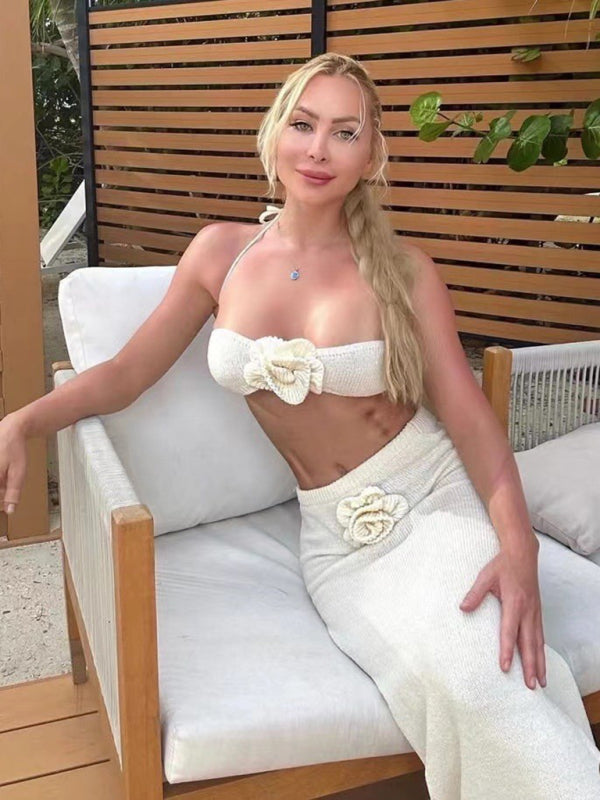 Strapless knitted hollow flower high waist skirt set - Cracker khaki / S