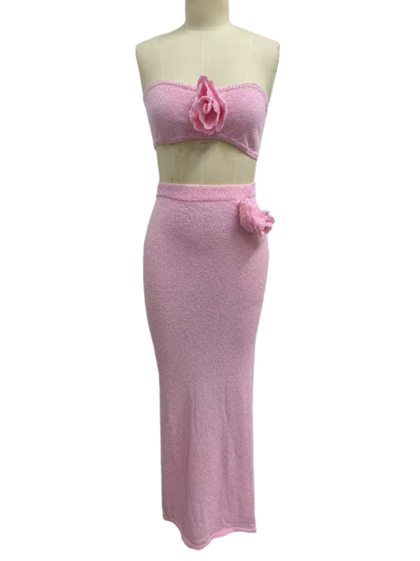 Strapless knitted hollow flower high waist skirt set - Pink / S