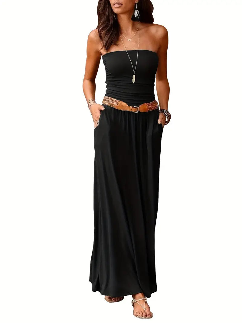 STRAPLESS MAXI DRESS WITH BELT - VINTAGE SOLID VERSATILE STYLE