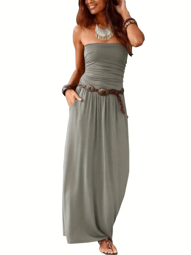 STRAPLESS MAXI DRESS WITH BELT - VINTAGE SOLID VERSATILE STYLE
