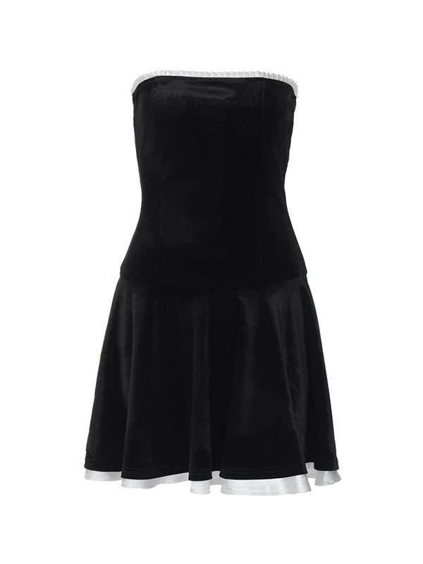 STRAPLESS MINI DRESS WITH VELVET SPLICE PLEATED DETAIL