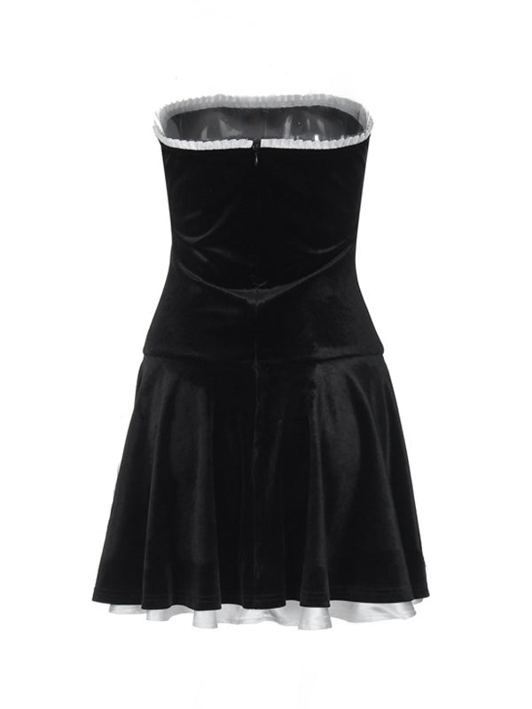 STRAPLESS MINI DRESS WITH VELVET SPLICE PLEATED DETAIL