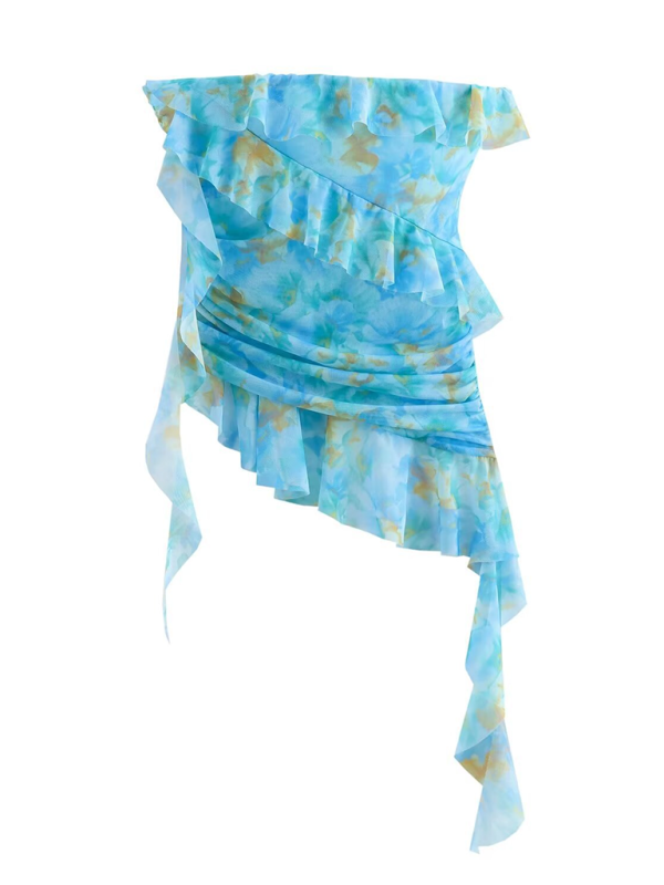 Street Fashion Designer Silk Print Top - Blue / S
