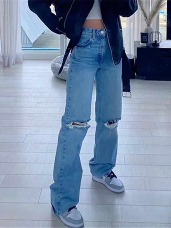 Street loose jeans ripped raw edge straight pants floor mopping pants - Purplish blue navy / XS