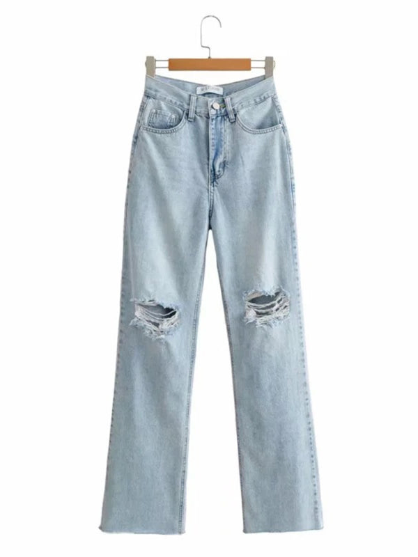 Street loose jeans ripped raw edge straight pants floor mopping pants