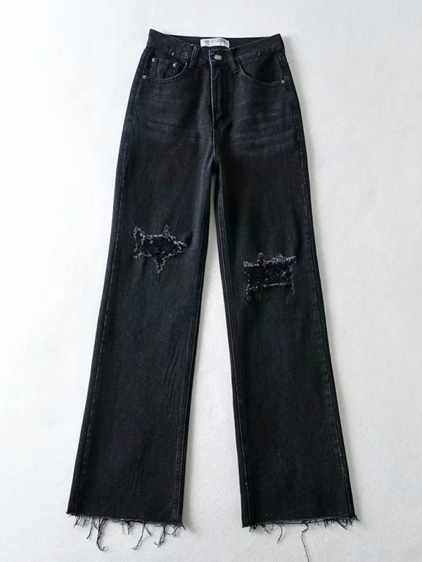 Street loose jeans ripped raw edge straight pants floor mopping pants - Black / XS