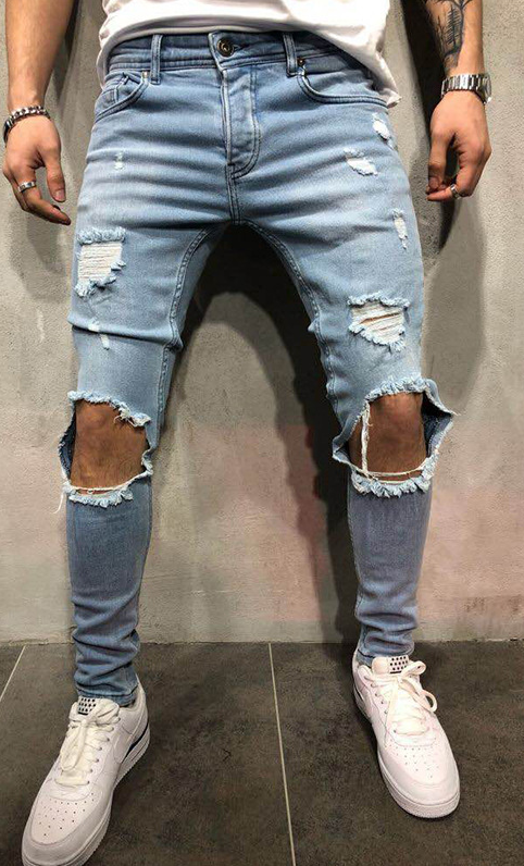 Street Style Men’s Four Seasons Slight Elasticity Solid Denim Jeans - Clear blue / S