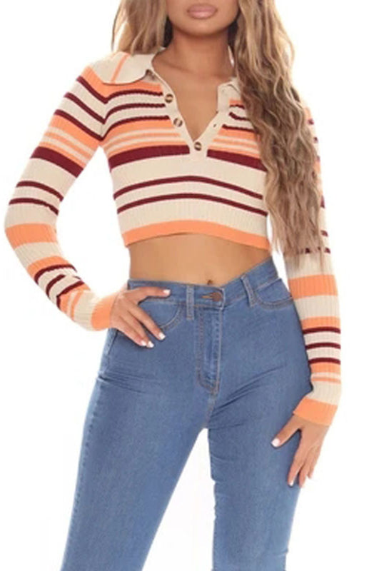 Striped Buttoned V-Neck Knit Crop Top - Yellow / S
