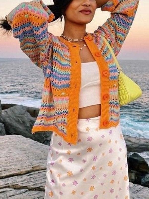 STRIPED CROCHET KNIT CARDIGAN WITH COLORFUL STRIPES
