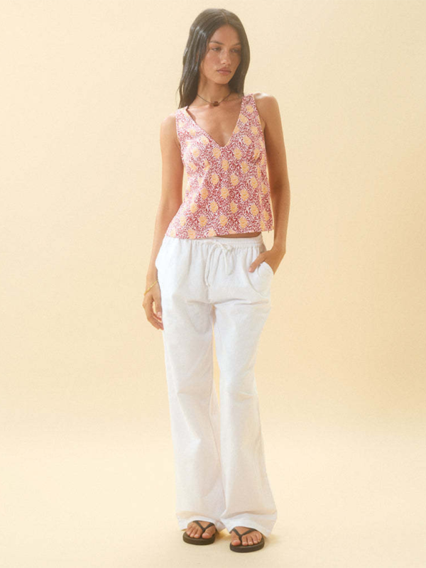 Striped drawstring casual loose straight-leg home trousers - White / S