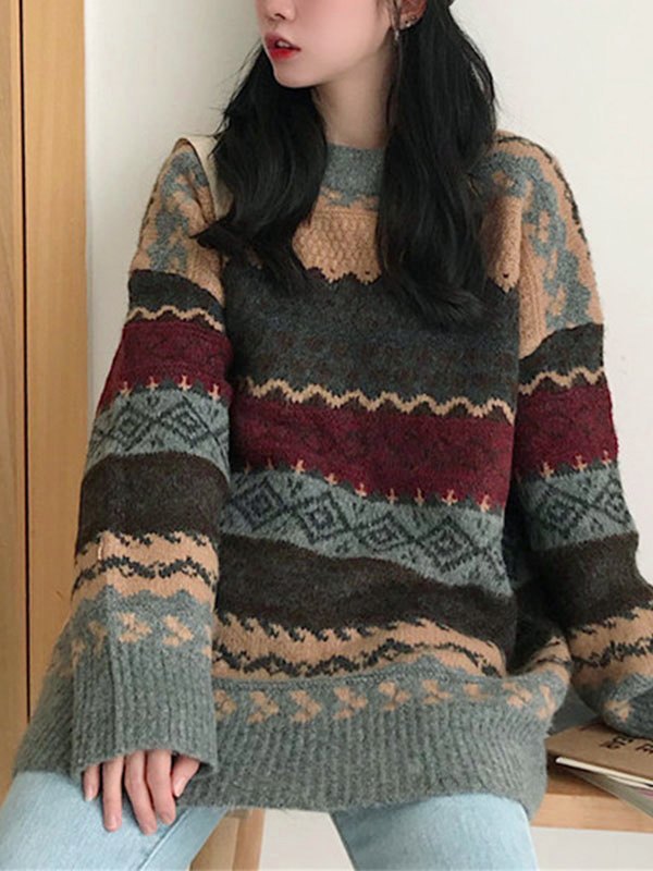 STRIPED KNIT SWEATER VINTAGE 90S LOOSE FIT CREW NECK