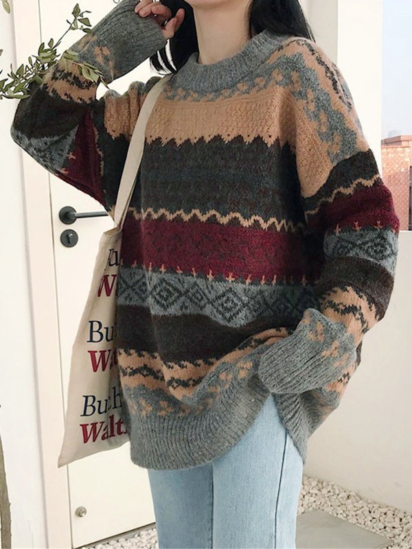 STRIPED KNIT SWEATER VINTAGE 90S LOOSE FIT CREW NECK