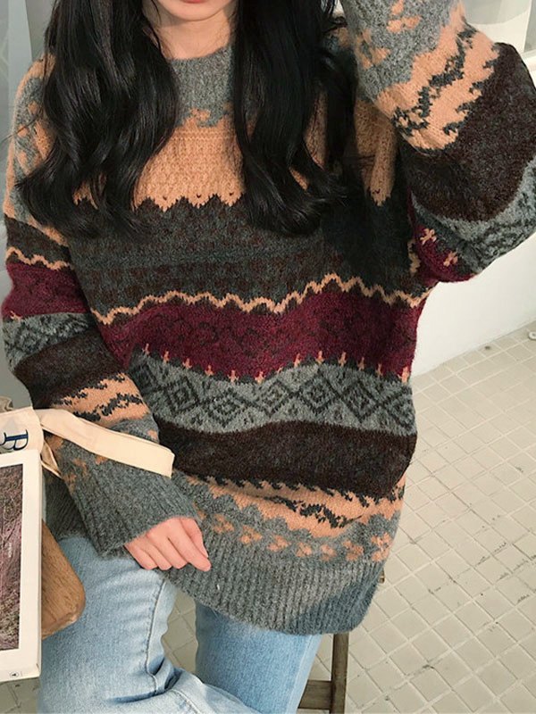 STRIPED KNIT SWEATER VINTAGE 90S LOOSE FIT CREW NECK