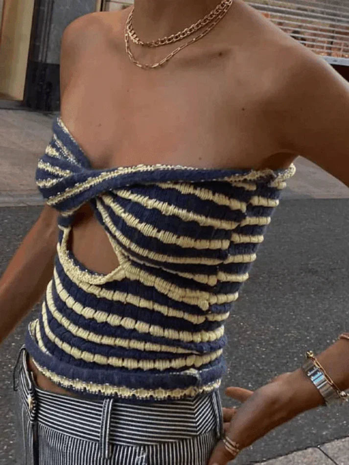 STRIPED KNIT TWIST-FRONT TOP WITH TWIST CUTOUT FOR EFFORTLESS STYLE