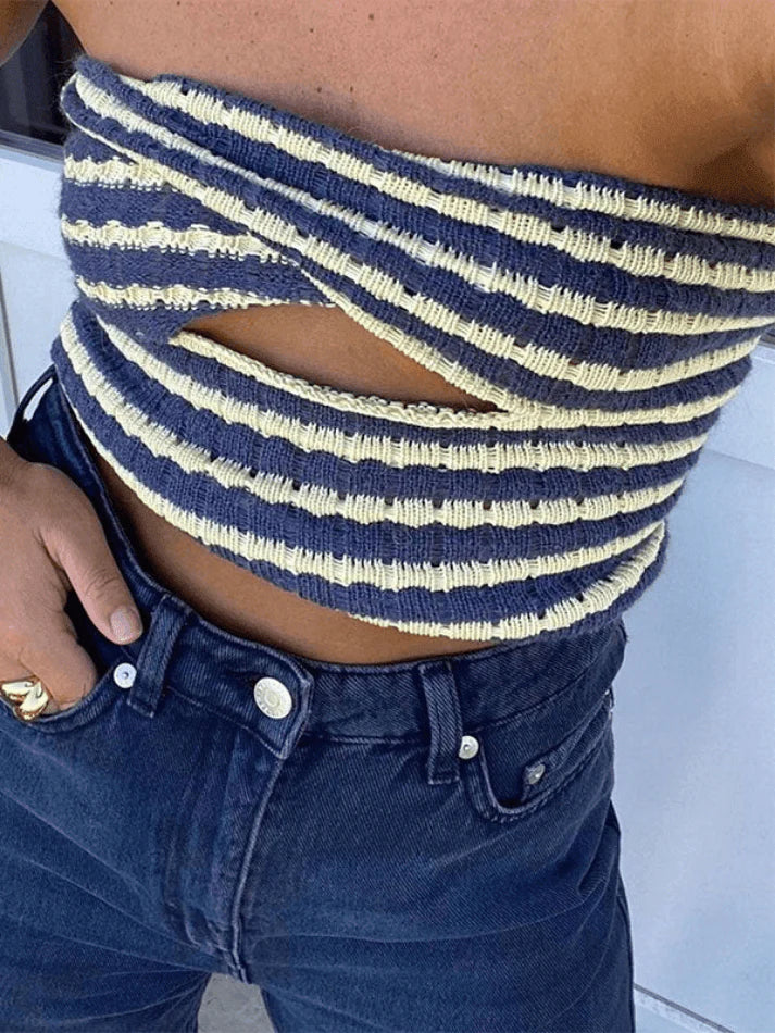 STRIPED KNIT TWIST-FRONT TOP WITH TWIST CUTOUT FOR EFFORTLESS STYLE