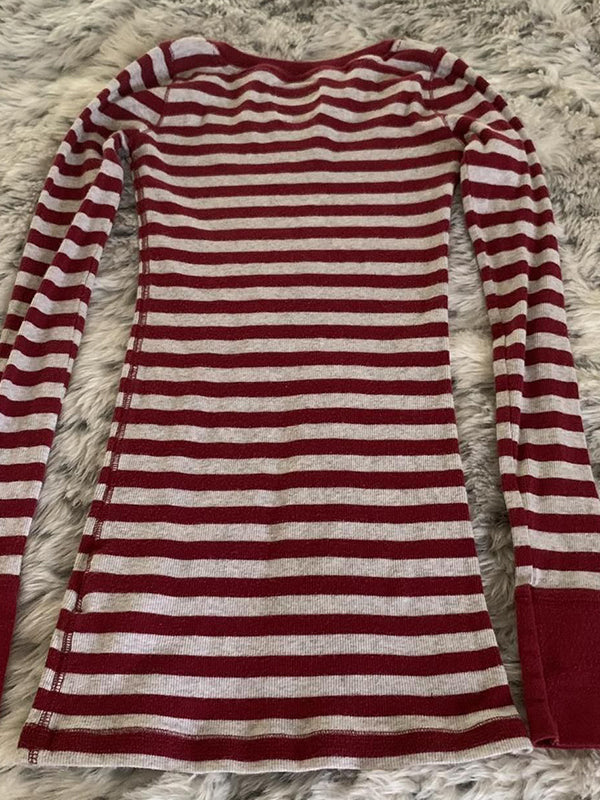 STRIPED LONG-SLEEVED SHIRT RED AND WHITE VINTAGE STREET STYLE