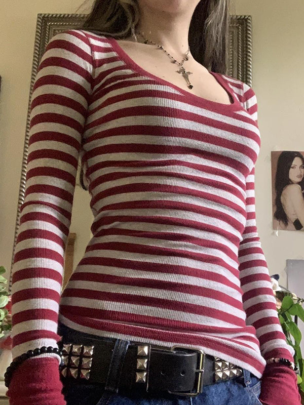 STRIPED LONG-SLEEVED SHIRT RED AND WHITE VINTAGE STREET STYLE