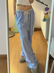 STRIPED PAJAMA PANTS WITH LACE PATCHWORK DRAWSTRING