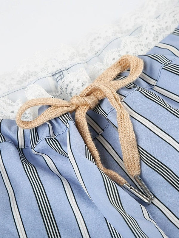 STRIPED PAJAMA PANTS WITH LACE PATCHWORK DRAWSTRING