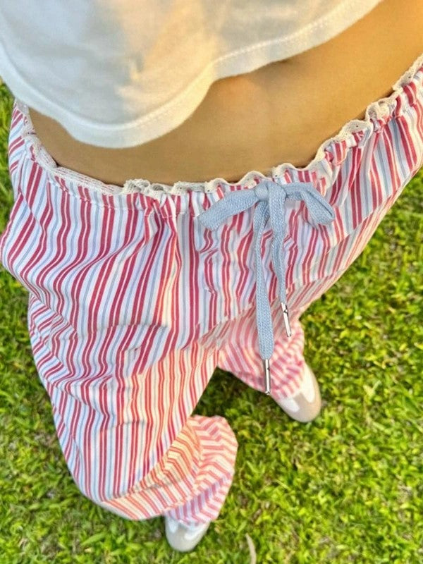 STRIPED PAJAMA PANTS WITH LACE PATCHWORK DRAWSTRING