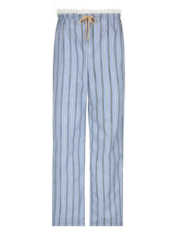 STRIPED PAJAMA PANTS WITH LACE PATCHWORK DRAWSTRING