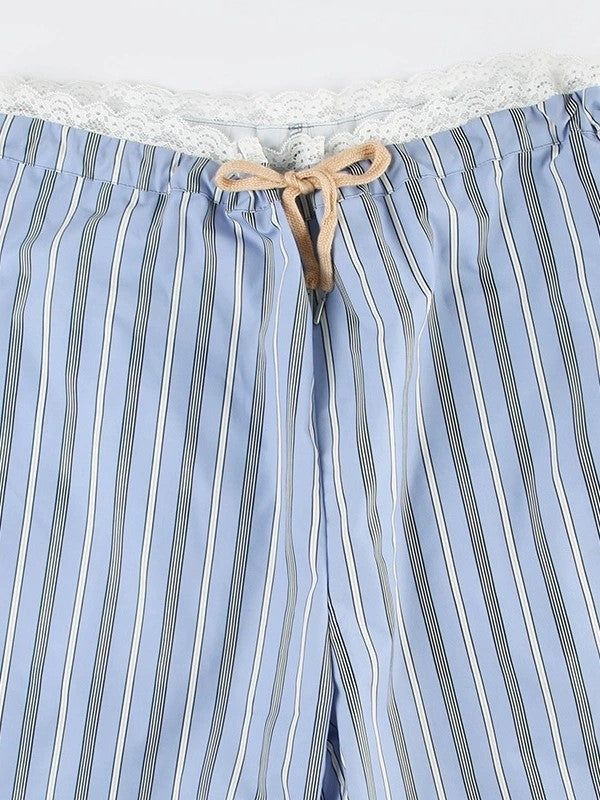 STRIPED PAJAMA PANTS WITH LACE PATCHWORK DRAWSTRING