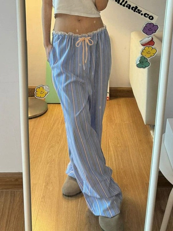 STRIPED PAJAMA PANTS WITH LACE PATCHWORK DRAWSTRING