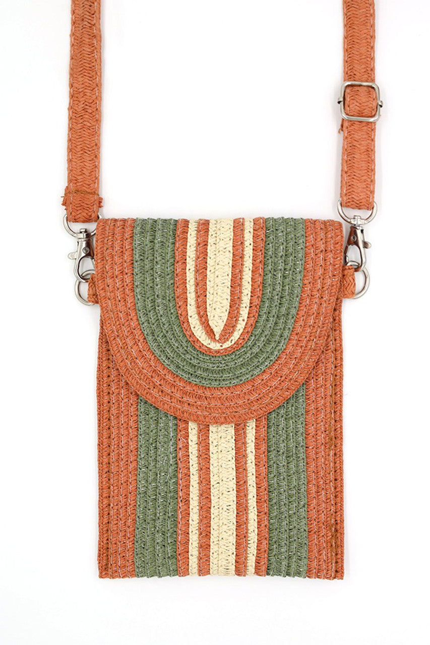 Striped Pattern Straw Cellphone Crossbody Bag