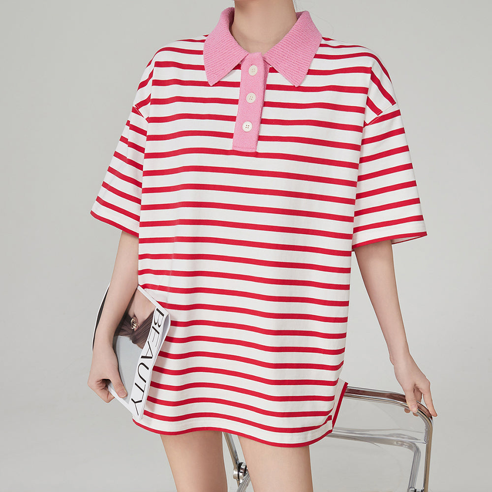 STRIPED POLO SHIRT WITH PINK COLLAR FOR MEN