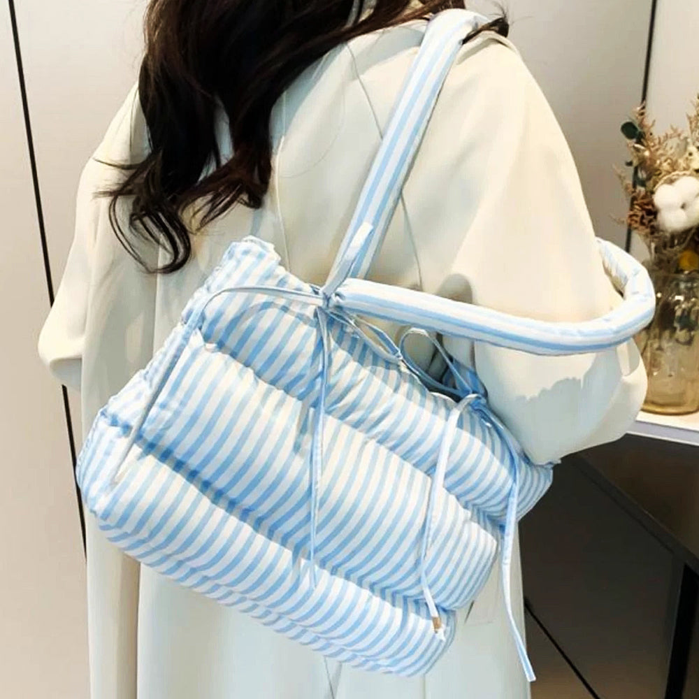 STRIPED PUFFER TOTE BAG WITH RIBBON BOWS