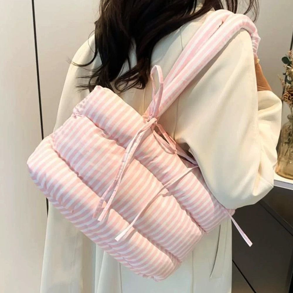 STRIPED PUFFER TOTE BAG WITH RIBBON BOWS