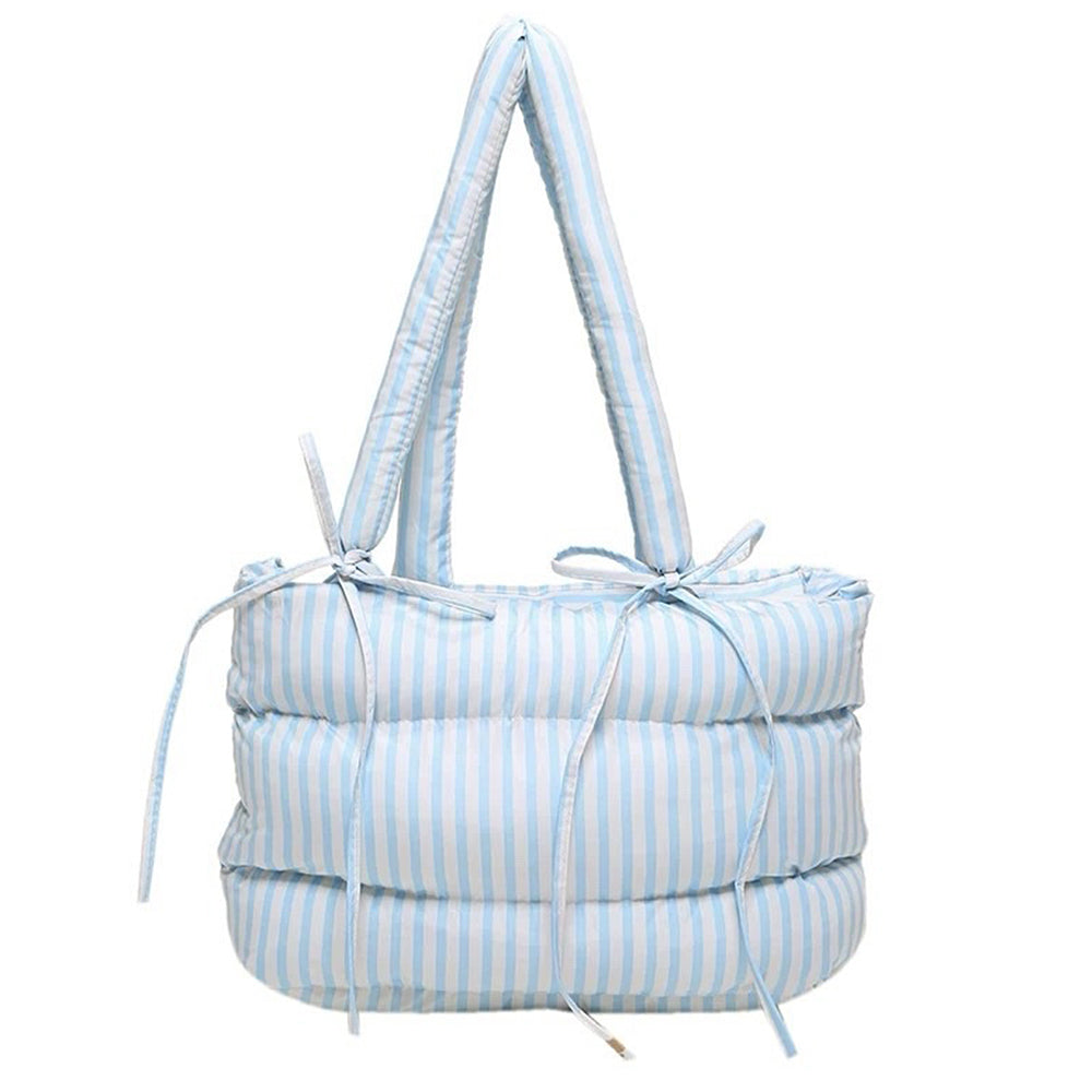 STRIPED PUFFER TOTE BAG WITH RIBBON BOWS