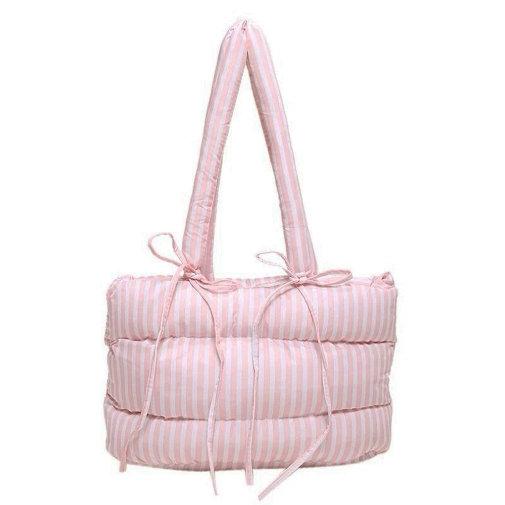 STRIPED PUFFER TOTE BAG WITH RIBBON BOWS