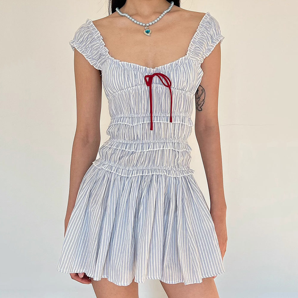 STRIPED SMOCKED MINI DRESS WITH RED TIE FOR CASUAL WEAR