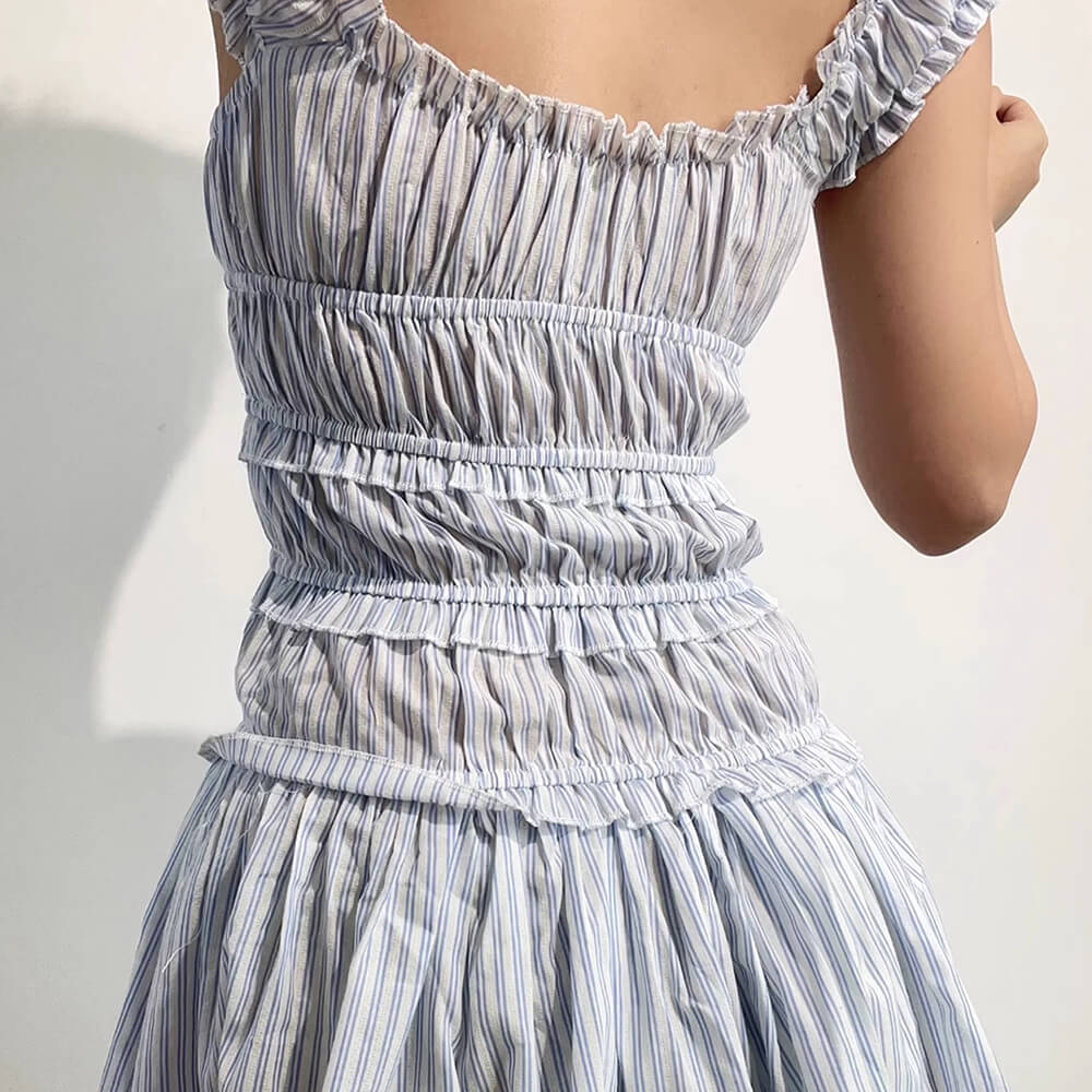STRIPED SMOCKED MINI DRESS WITH RED TIE FOR CASUAL WEAR