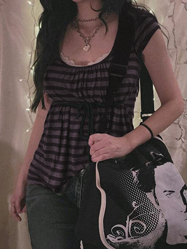 STRIPED TIE-WAIST BLOUSE SLIM FIT SHORT