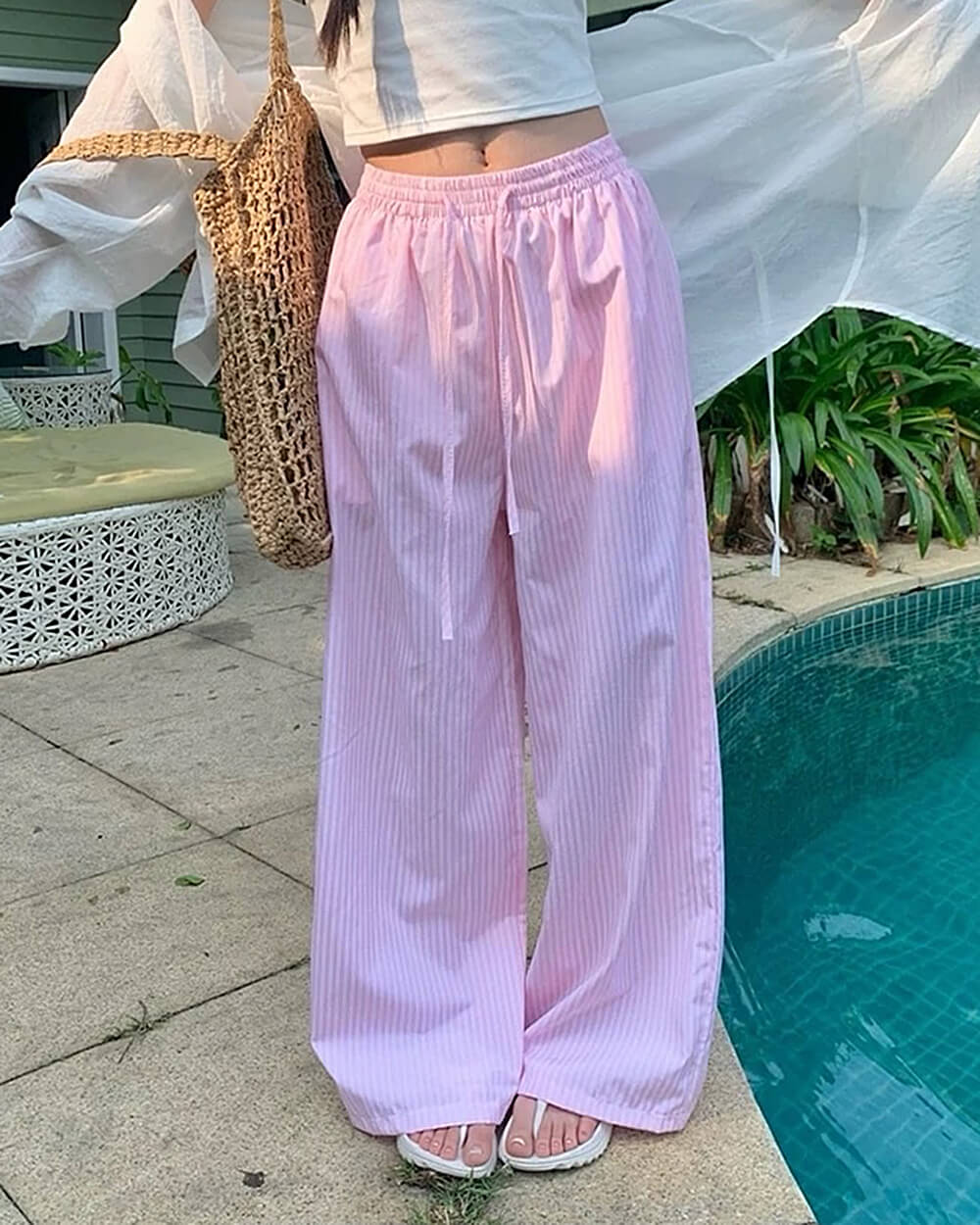 STRIPED WIDE-LEG PANTS: AZURE DRAWSTRING TROUSERS